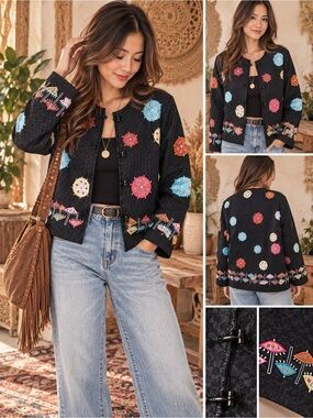 Julia Kim Embroidered Parasol Black Jacket Boho Size S
